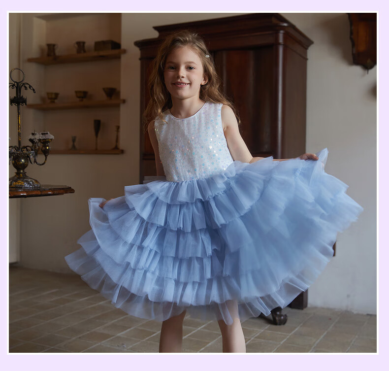 Follow Me Girls' Sleeveless Dress Summer Sequin Tulle Cake Skirt Sweet Princess Dress for Little Girls White/blue 110 2