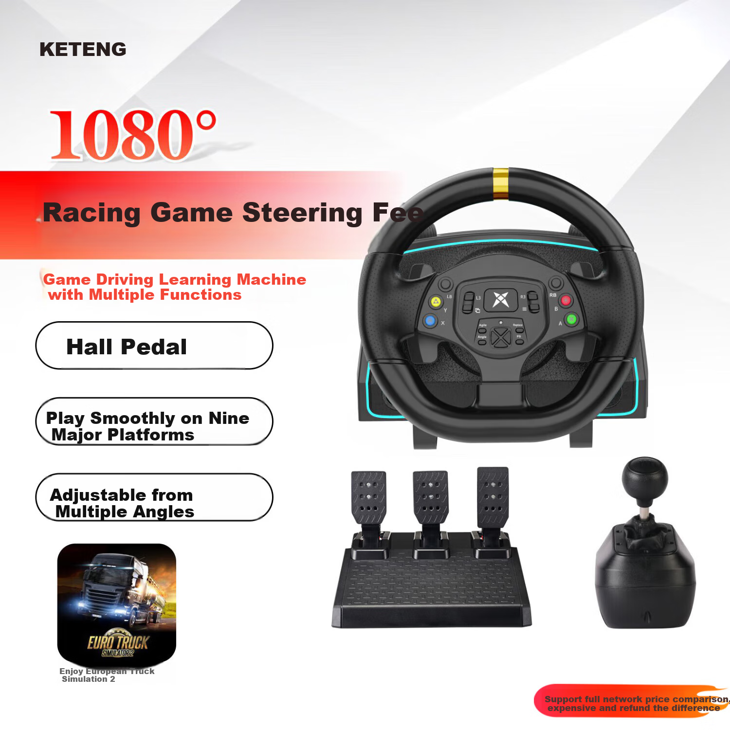 KETENG F10Pro Steering Wheel, 1080-Degree Racing Simulator, PC Computer Simulation Driving Game, Steering Wheel for Euro Truck Simulator 5, Dusty Magic, Cosmo Driving School