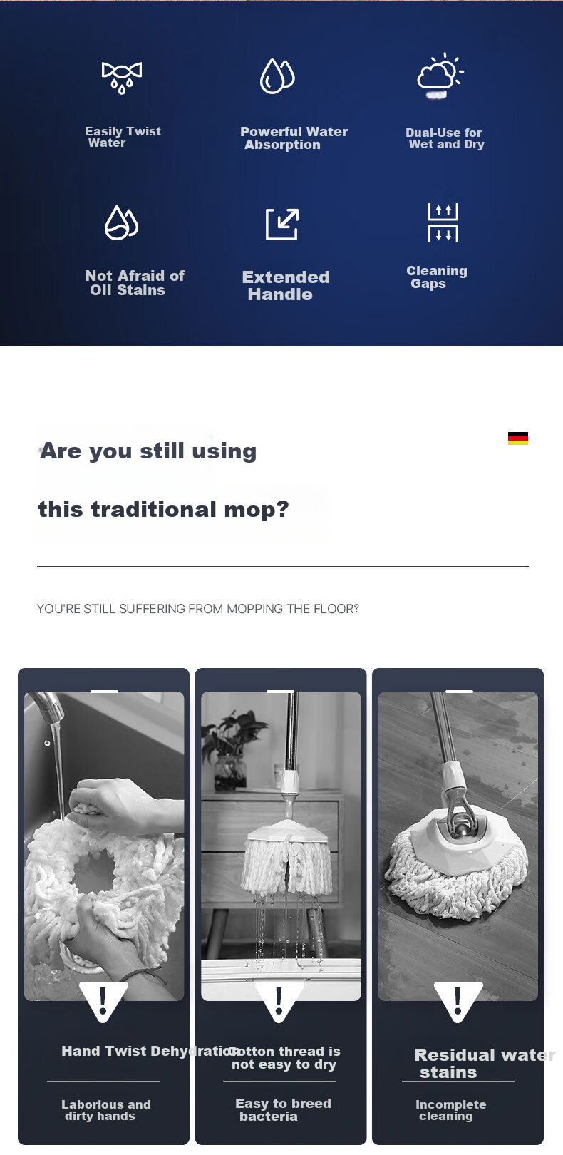 Weilida German Brand Mop, Traditional Household Non-Woven Floor Mop, Absorbent Cleaning Cloth, One-Pole with Two Heads 1