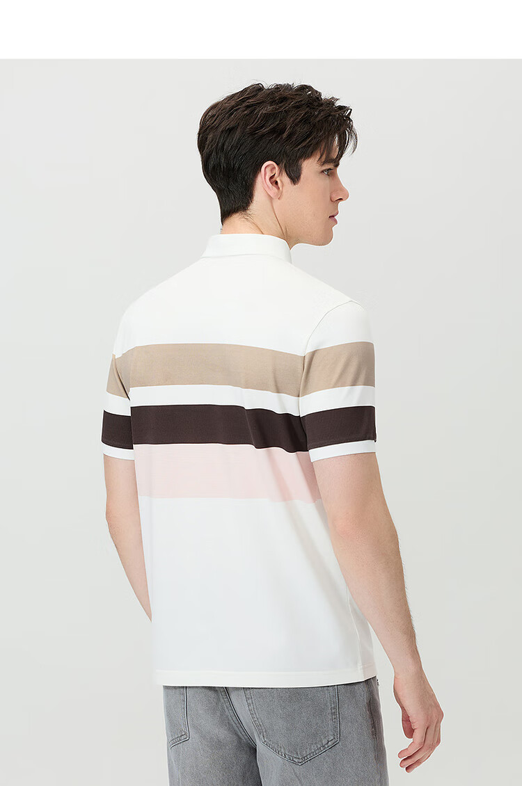 DANCING WOLVES [7A Antibacterial & Cooling] Contrasting Striped Mulberry Silk Men's Short-Sleeve POLO 803 Pure White M (170) 5