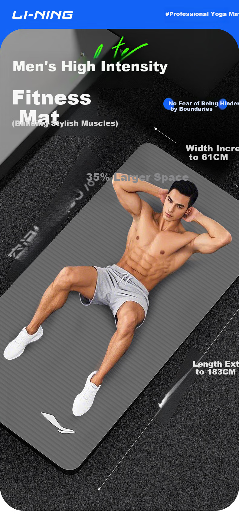 Li-Ning Yoga Mat for Men, Fitness Mat, Non-Slip Shock-Absorbing Aerobics Soundproof Exercise Thickened Home Use Sit-Up Dance Mat 1
