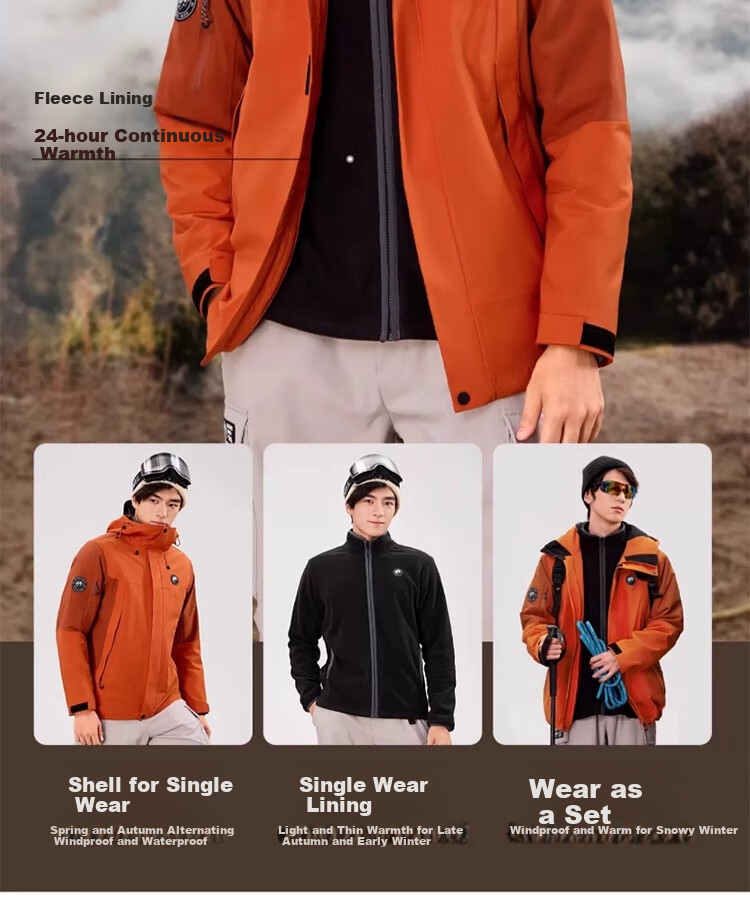 CAMEL Panda Outdoor Three-In Orange Jacket for Men And Women, Windproof Waterproof Triple-Protection Coat Hiking Outfit R611 22