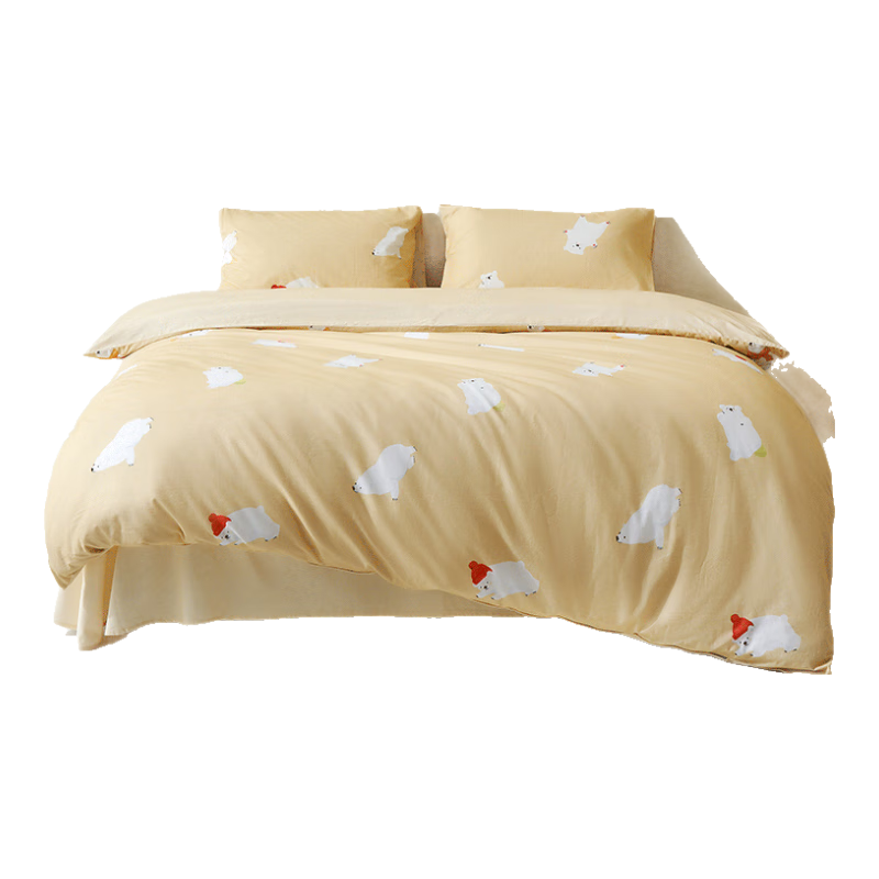 JD Original Italian Ceramic Brush Four-Piece Bedding Set, 100% Pure Cotton Brushed Thick A-Class Bed Sheet Set for 1.8m Bed, Warm Bear Desig