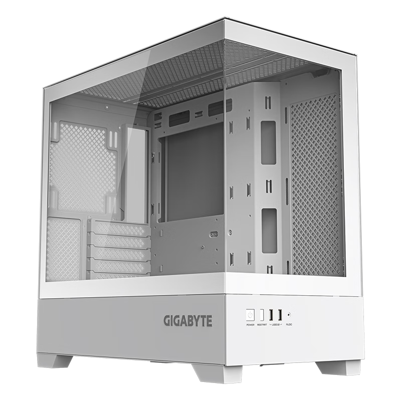 GIGABYTE C201GI Airflow M-ATX Case with Tempered Glass Side Panel, Panoramic Dual-Chamber Design, Top 360mm and Side 240mm Water Cooling Support, Quick-Release Dust Filters, White