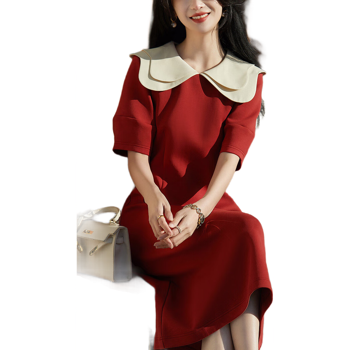 Dme [Young Noble] Spring and Autumn French Petal Collar Little Black Dress 350G Air Layer Contrast Color Dress for Wome