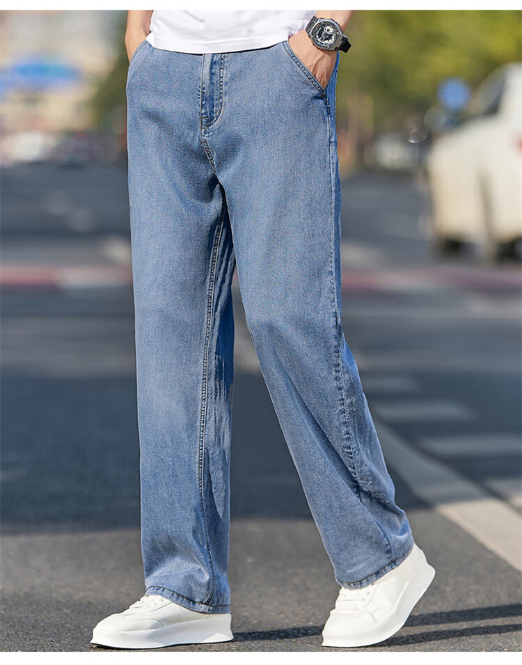 JEEP Men's Jeans, Summer Ice Silk Thin Loose Straight-Leg Pants, Trendy Casual Trousers for Men, Light Blue, Size 29 4