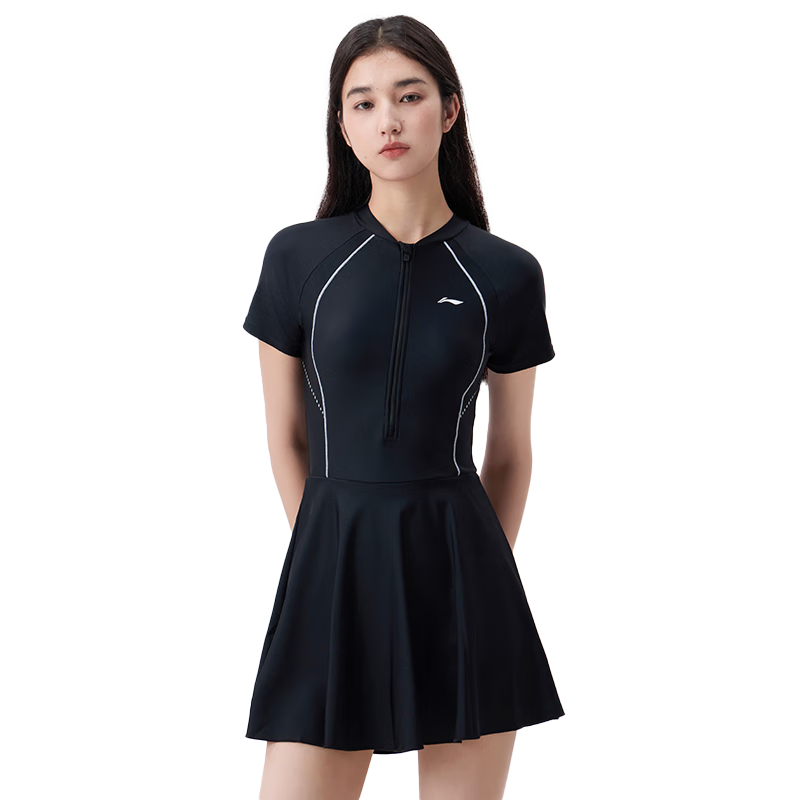 Li-Ning Women's Swimsuit, Sun Protection One-Piece Dress Swimwear, Conservative Plus Size, Tummy Control, Hot Spring Swimwear, 0631 Black XXL