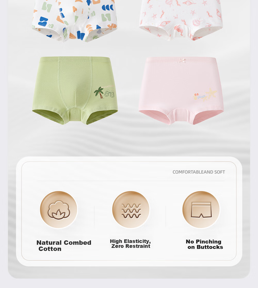 YEEHOO Children's Underwear Breathable 7A Antibacterial Baby Boxer Briefs Gift Set for Boys And Girls, Comfortable Shorts That Don't Pinch The PP 3