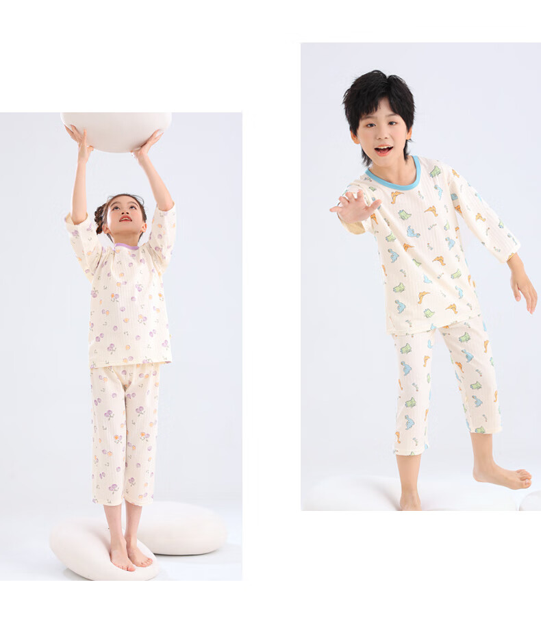 YUZHAOLIN Children's Pajamas Spring Boys And Girls Home Wear Set Cotton Student Air Conditioning Clothes Blue Dinosaur 140 9