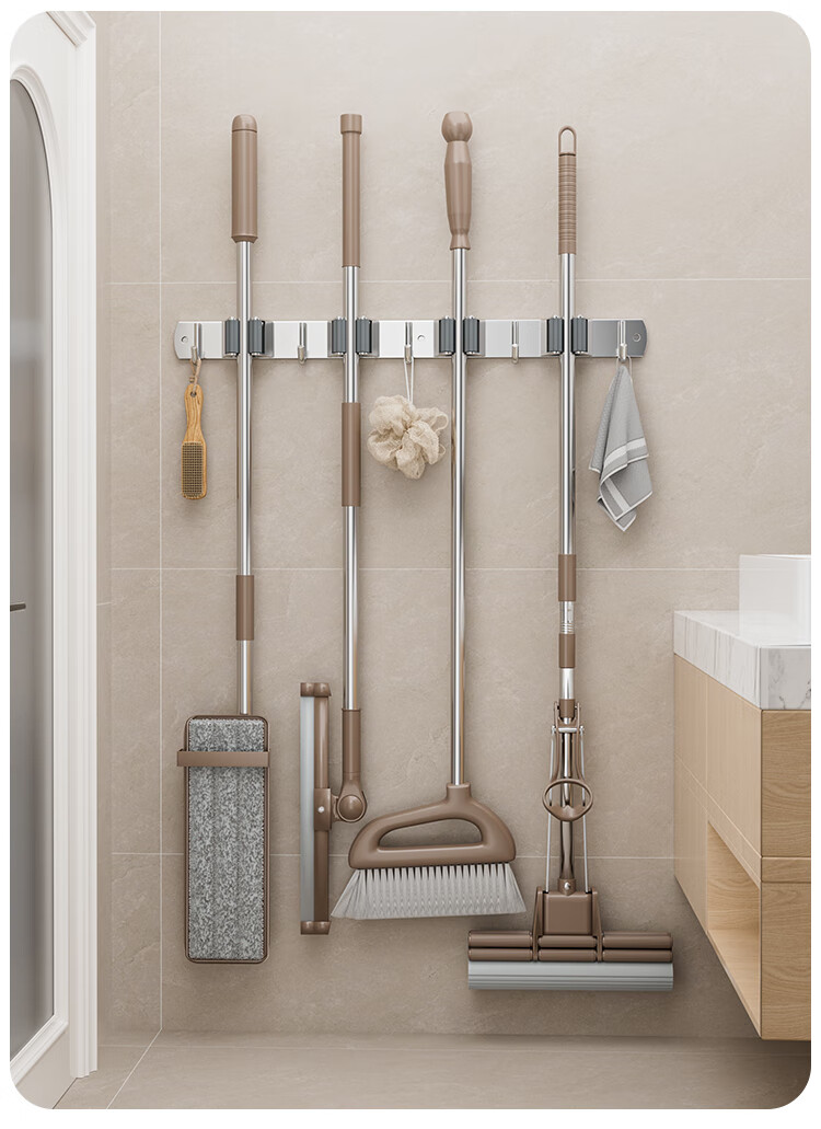 Baizi Mop Hook No-Drill Broom Holder Stainless Steel Thickened Storage Rack for Bathroom and Kitchen 11