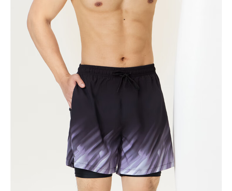 Li-Ning Swimming Trunks for Men, Anti-Embarrassment Swim Shorts, Knee-Length Two-In Water And Land Dual-Use Beach Shorts, 0222 Black 2XL 24