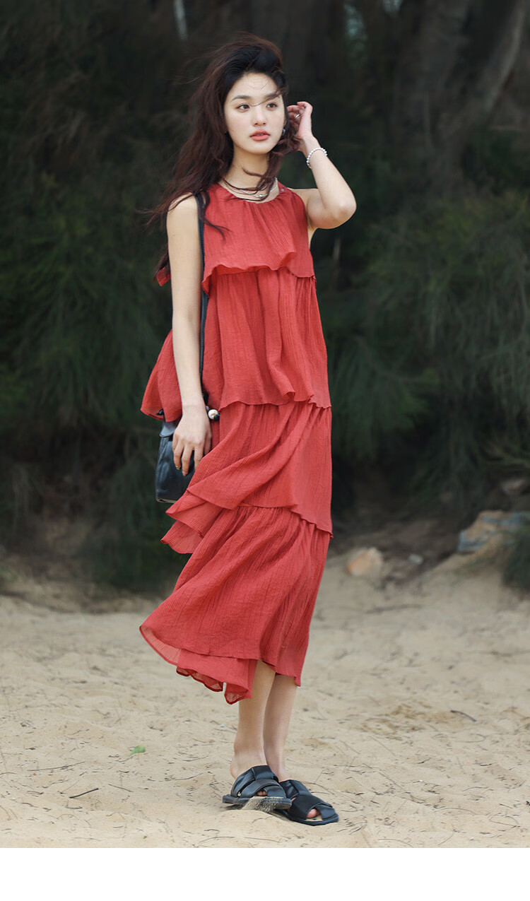 Dme [Heavy Workmanship Layered Spaghetti Strap Dress], Summer Vacation Style, Retro Brick Red, Elegant Cake Skirt 19