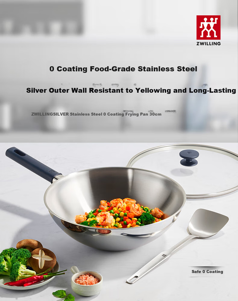 ZWILLING Stainless Steel Wok, Anti-Yellowing, Non-Coated, Compatible with Induction Cookers, SILVER Series, Household Stir-Fry Pan, 30cm 2