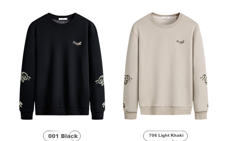 DANCING WOLVES [Fleece-Lined & Heavy Embroidery] Autumn And Winter National Trend Embroidered Crewneck Warm Men's Sweatshirt, 706 Light Khaki, Size 180 3