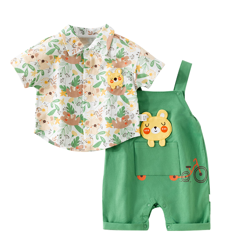 Huanxixiaoxiong Boys' Shirt, Summer Children's Pure Cotton Short-Sleeve Suspender Pants Set, Baby Thin Children's Clothing