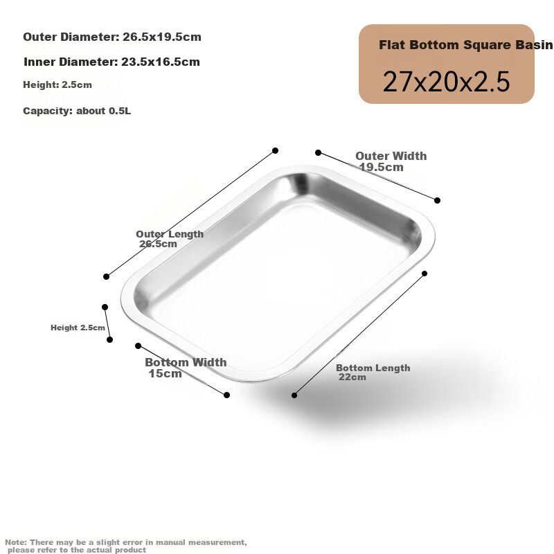 Jinyaoshi Stainless Steel Flat-Bottom Shallow Square Pan, Rectangular Tray, Barbecue Plate, Serving Dish, Dumpling Plate, Fruit Plate GK-FP2720