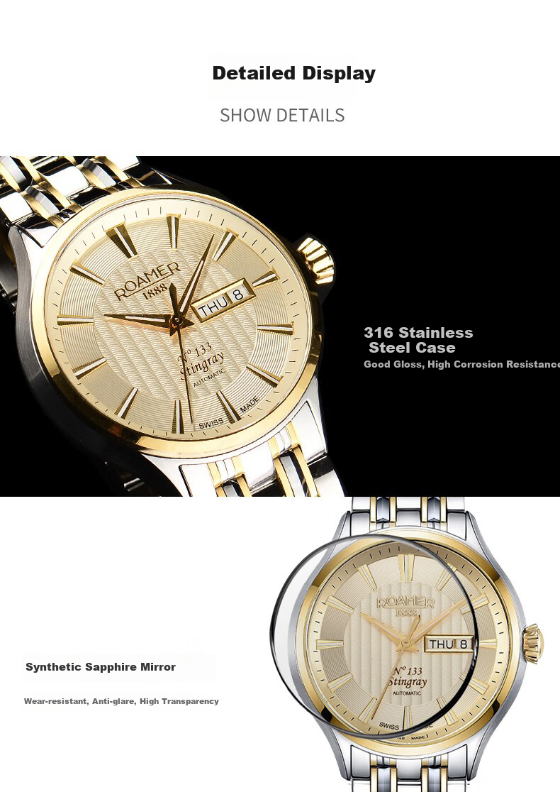 ROAMER Swiss Automatic Mechanical Watch, Imported from Switzerland, 100-Meter Water Resistance, Men's Wristwatch, 133rd Anniversary, Brown Dial 6