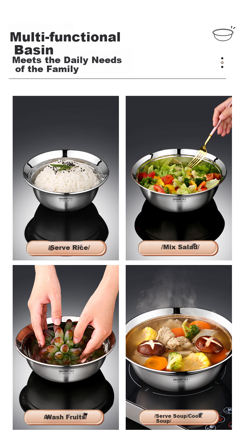 Newair Set of 6 Kitchen Utensils: 304 Stainless Steel Colander, Strainer Basket, Vegetable Washing Basin, Egg Beating Bowl, Dough Kneading Bowl, And Oil Filter Mesh 8
