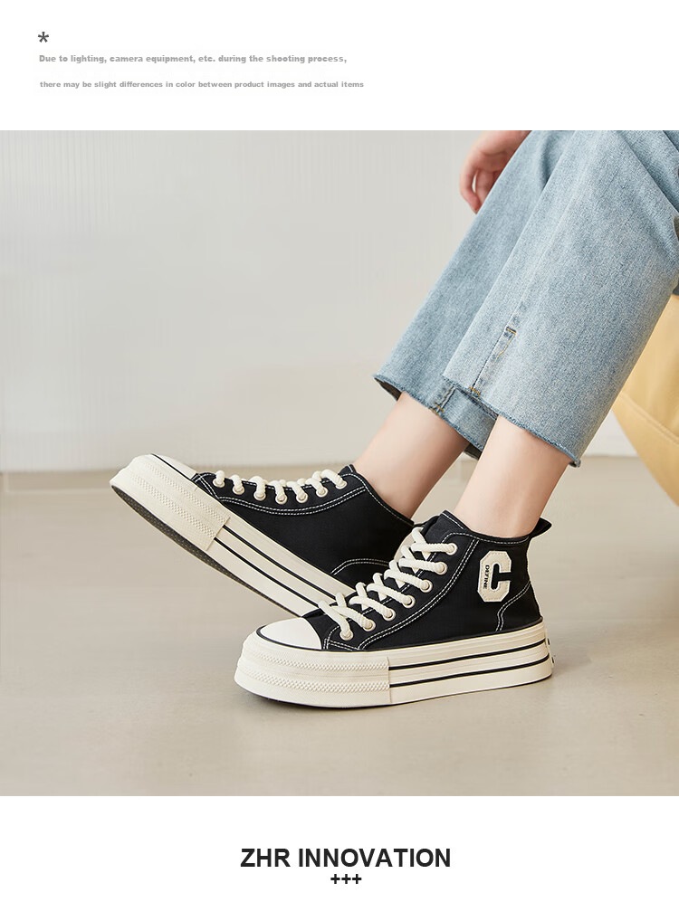 ZHR Canvas Shoes for Women, Classic Thick-Soled High-Top Casual Shoes, Lightweight Breathable Round Toe Women's Shoes, CS32 Black, Size 39 10