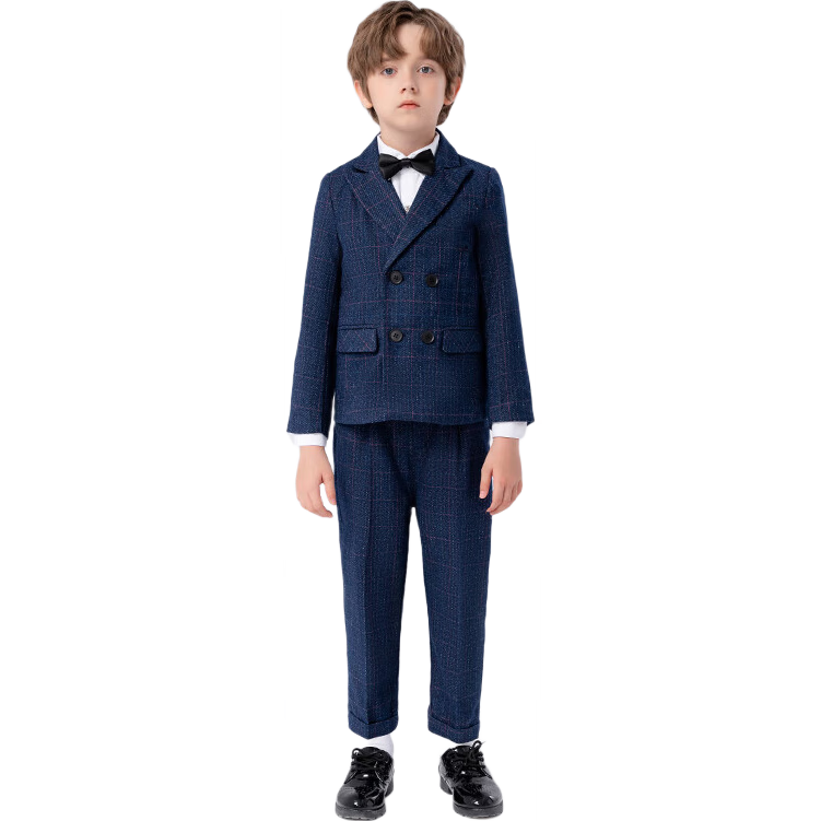 LUOBOBEIBEI Children's Suit Plaid Boys Formal Wear Set for Piano Performance, Host, And New Year Greetings, Navy Blue Four-Piece Set, Size 120