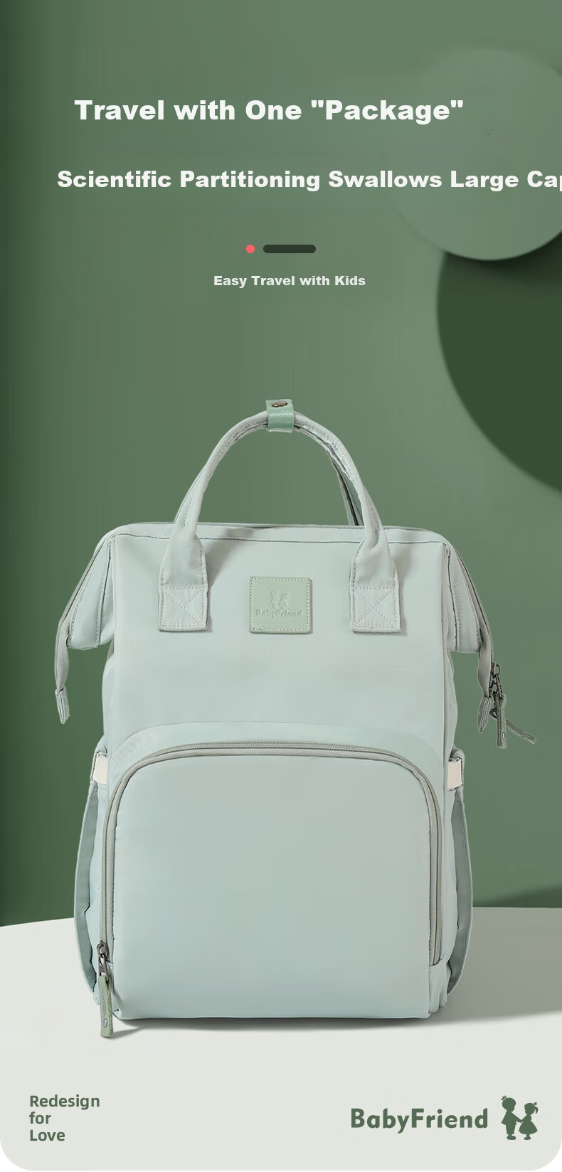 Baby Friend Mommy Bag, Large Capacity Backpack with Waterproof Dry And Wet Separation, Baby Backpack, Fresh Gree 1