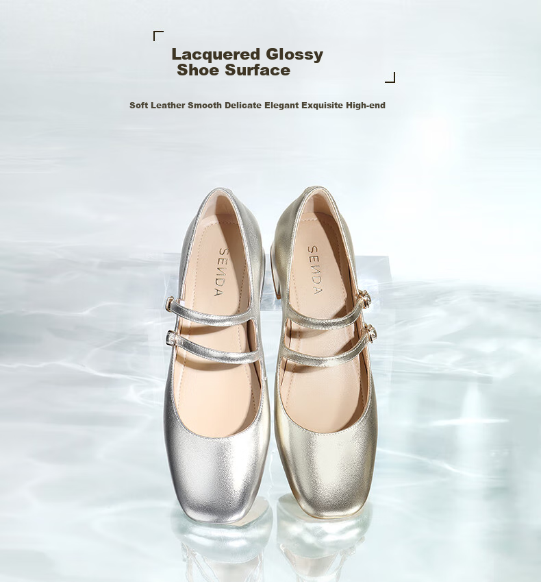 SENDA Mary Jane Women's Shoes, High Heels, Chanel-Style Genuine Leather Commuter Pumps, Ladies' Leather Shoes ZTA62AQ4, Silver, Size 40 3