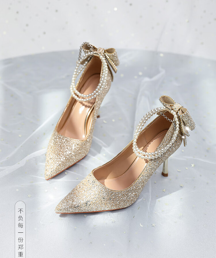 ZHR High Heels for Women, Pointed Toe with Bow, Wedding Shoes for Women, Sequined Elegant Pumps, IE01 Silver, Size 35 1