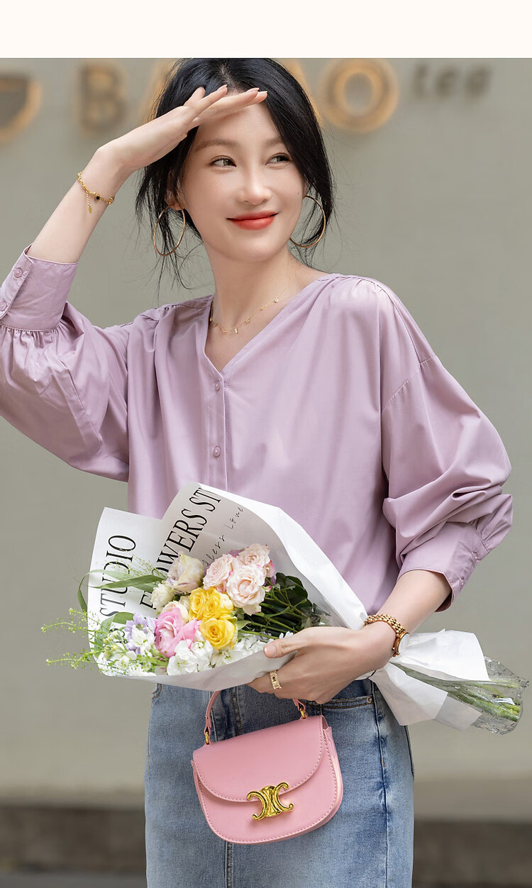 Dme [Dopamine Color Palette] Spring And Autumn French Relaxed V-Neck Shirt, Elastic Comfortable Slimming Blouse, Women's Top 15