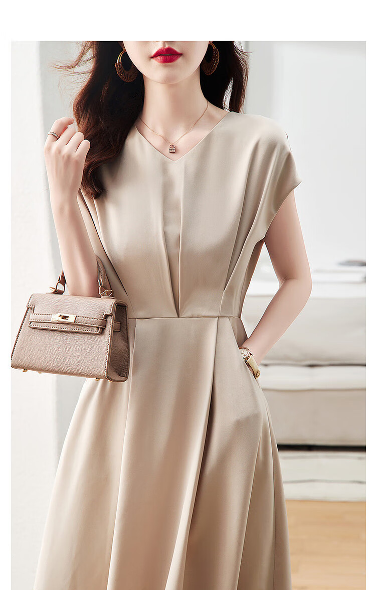 DME A-Line Skirt Summer Commuter V-Neck Short Sleeve Simple Mid-Length Dress for Women 15