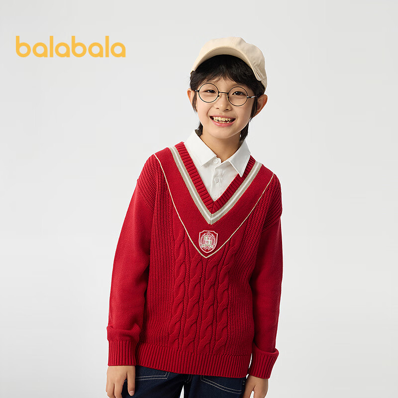 BALABALA Children's Clothing, Boys' Sweater, Spring And Autumn Wear for Older Kids, Pullover Knit Top, Faux Two-Piece Design, Cable Knit Pattern, Fashionable And Trendy