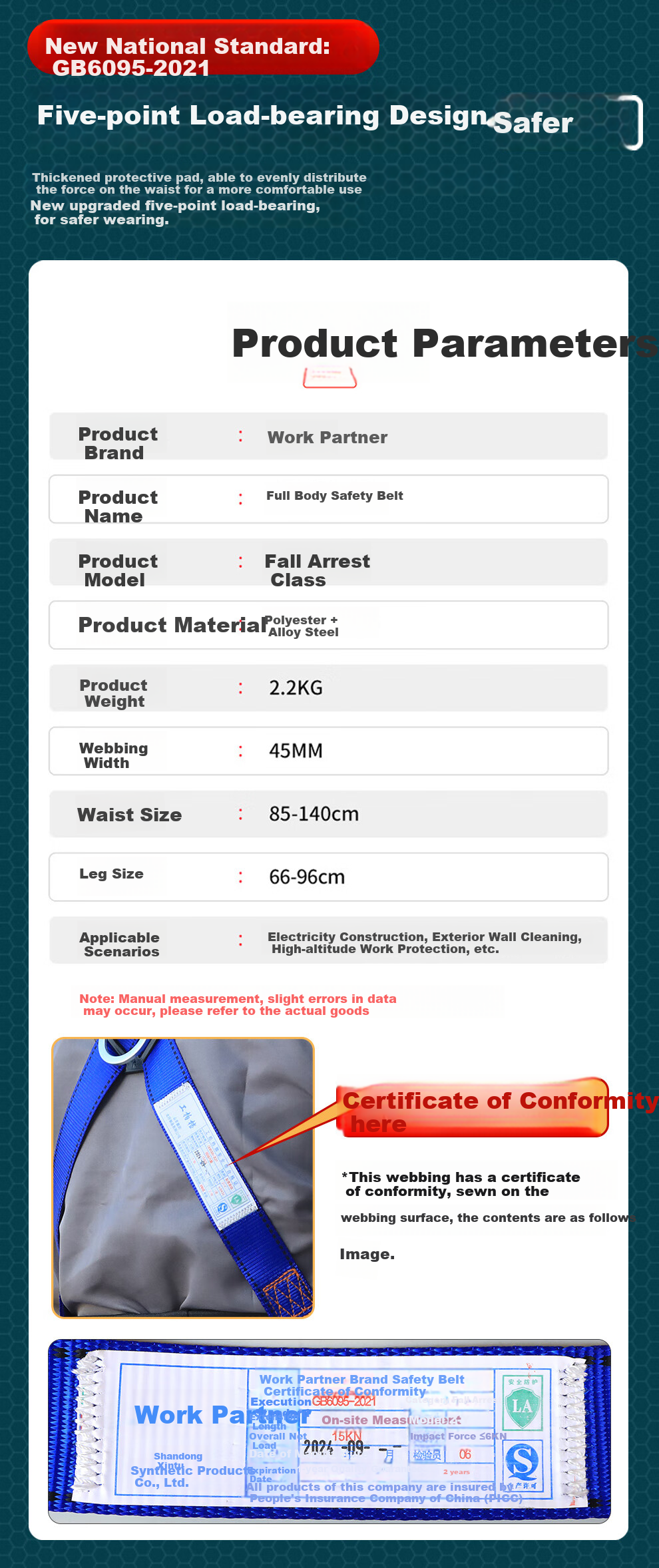 Xinbaolin Z-Y Fall Arrest Harness, National Standard European Style Five-Point Safety Belt, High-Altitude Work Fall Prevention, High-Quality Safety Harness with Two Large Hooks, 2 Meters Polyester Rope + Shock Absorber Pack, Shipped from Beijing Warehouse 4