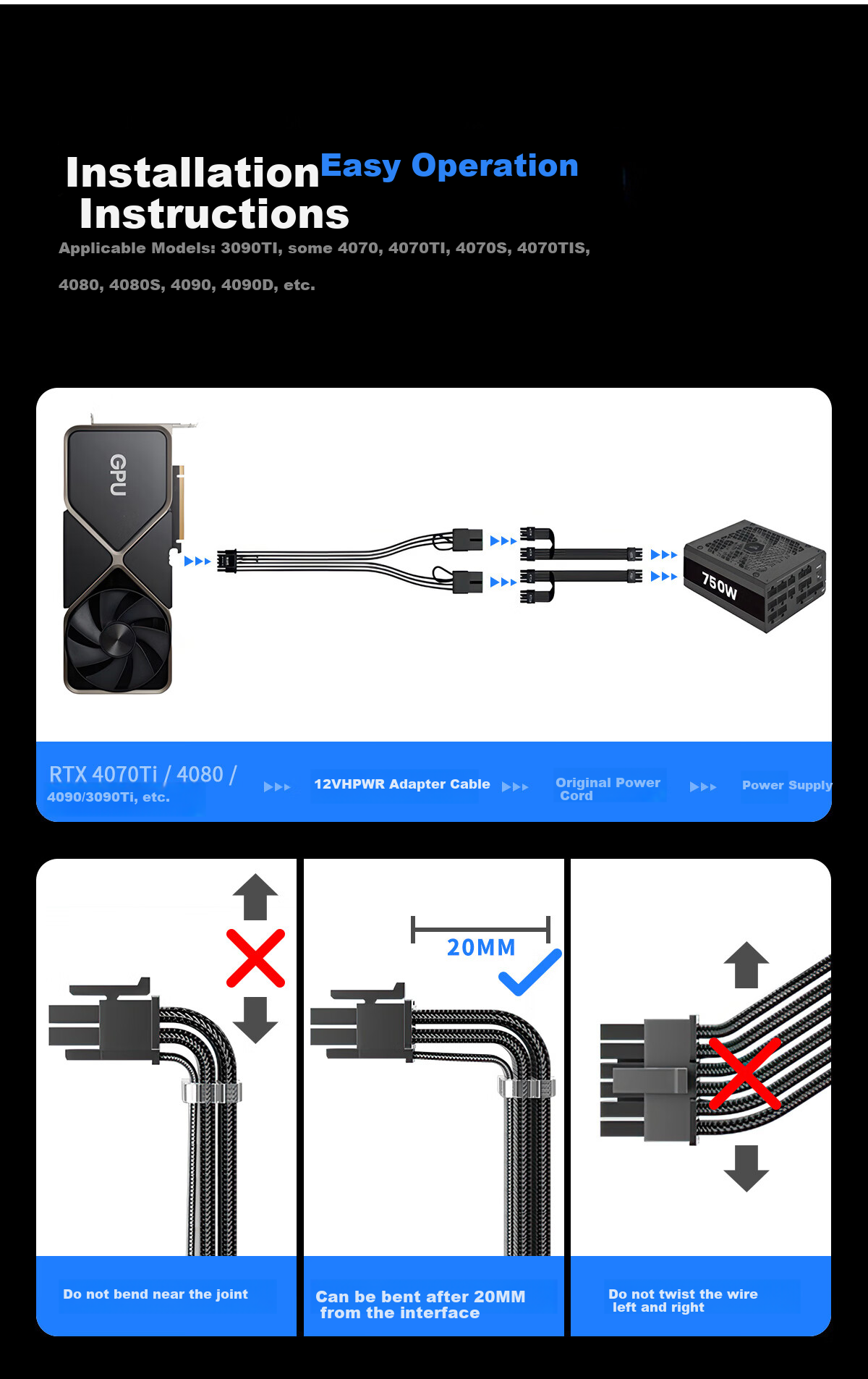 JEYI Graphics Card Power Extension Cable, 2*8Pin to 16Pin, Graphics Card Power Extension Module Cable, 12VHPWR, Dual 8P to 12+4P, 45cm, Black 5