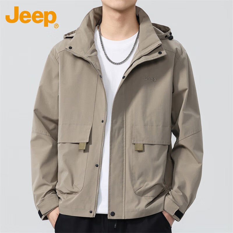 JEEP Men's Jacket, Spring And Autumn Loose Fit, Hooded Trendy Casual Outerwear for Men, Khaki, XL