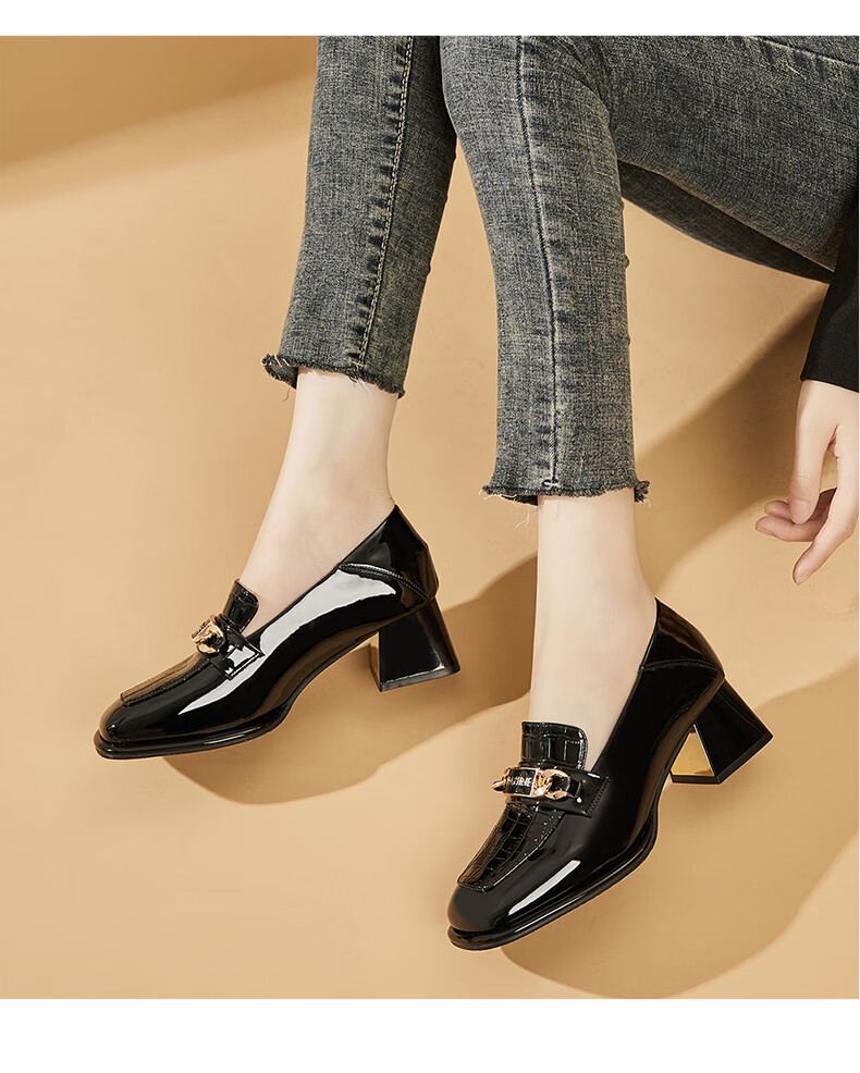 DAPHNE Women's Leather Shoes with Formal Dress, British Style, Chunky Mid-High Heel, Professional Work Business Shoes, Loafers, Women's Shoes 4622404047 Black 35 14