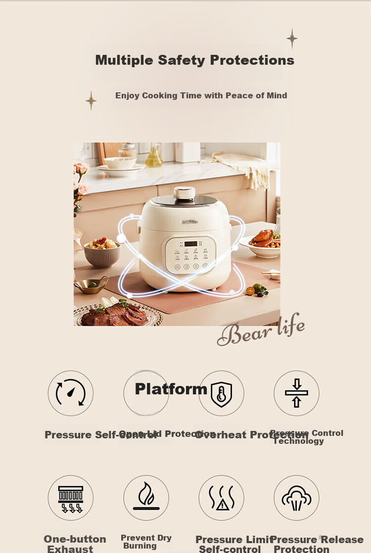 Bear Electric Pressure Cooker, Home Use, 2L Mini Electric High-Pressure Cooker, Rice Cooker, Small 1-3 Person Pressure Rice Cooker, Stewing Multi-Functional Rice Cooker, YLB-A20X2 4