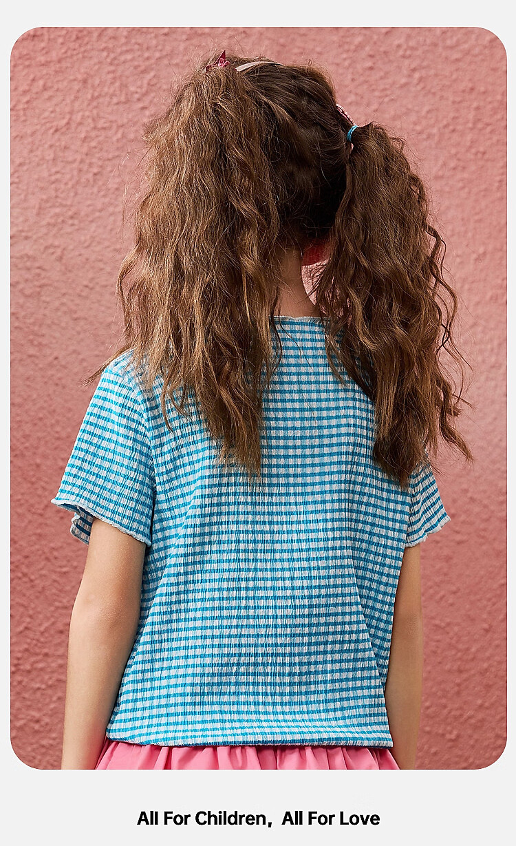 ASK JUNIOR Striped Contrast Color Children's Short-Sleeve T-Shirt, Summer Lightweight Breathable Girls' Butterfly Bow Half-Sleeve Tee, Blue, Size 120 2