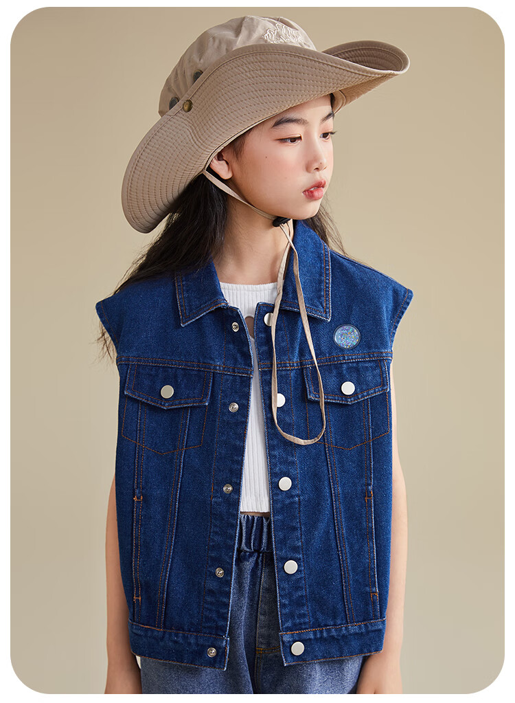 QQ DUCK Children's Denim Vest Girls' Sleeveless Jacket Youth Clothing Classic Vest Navy Blue; 165 11