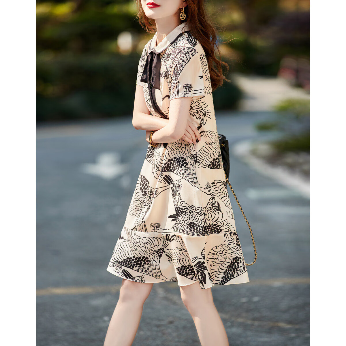 DME Printed Dress Women Tie Casual Vintage Elegant Simple Chiffon Dress