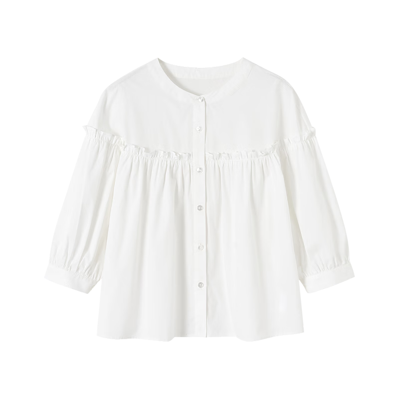 Dme [Gentle Trailer] Spring And Summer French Pure Cotton Pleated Wrinkled Shirt with Ruffle Collar And Puff Sleeves Women's Blouse Top