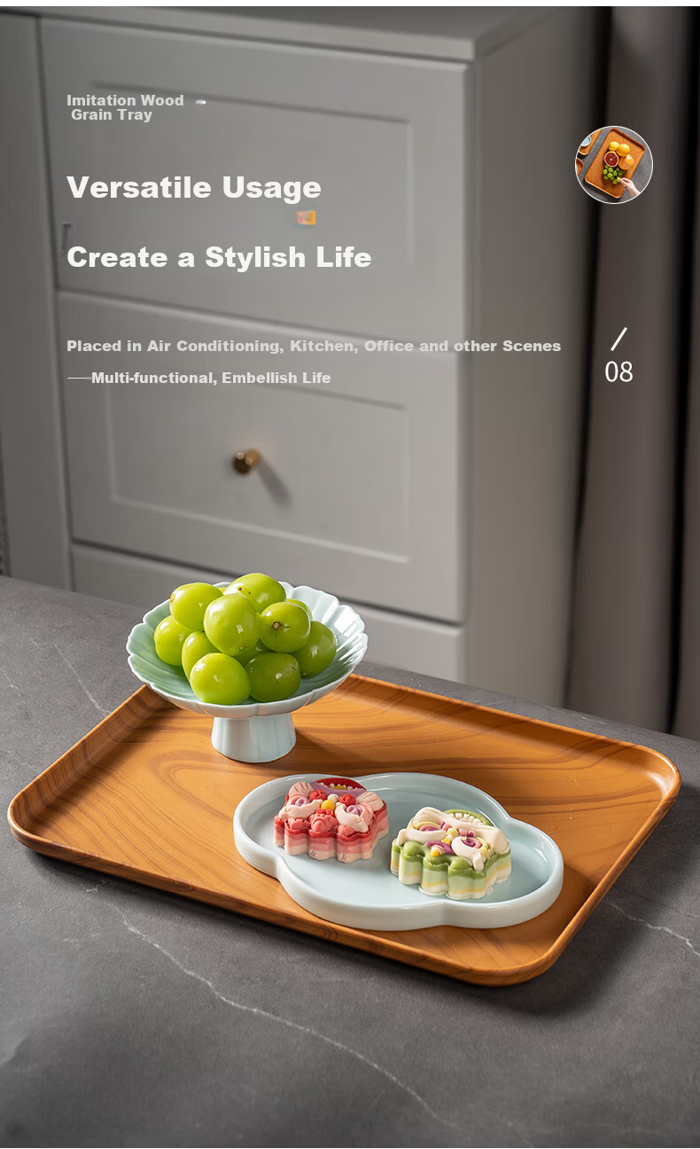 CAIZHI Rectangular Tray, Chinese-Style Tea Tray, Household Cup Holder, Fruit Plate, Draining Tray, Wood-Like Texture, Large Size CZ6217 9