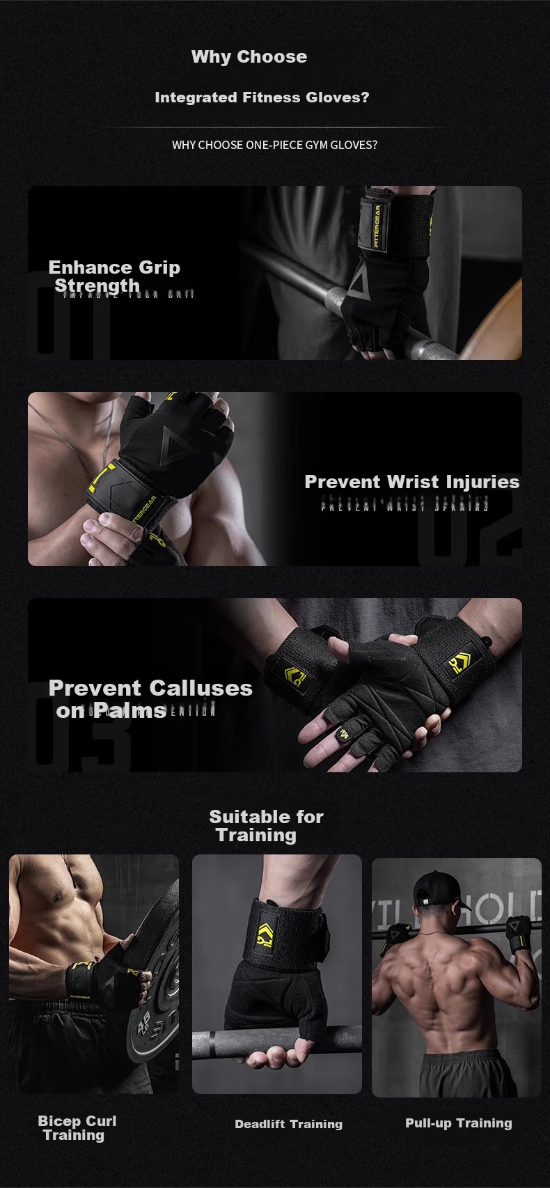 FITTER GEAR Fitness Gloves with Wrist Guards for Pull-Ups, Bench Press, And Deadlifts - Non-Slip Anti-Chafing Training Equipment for Me 1