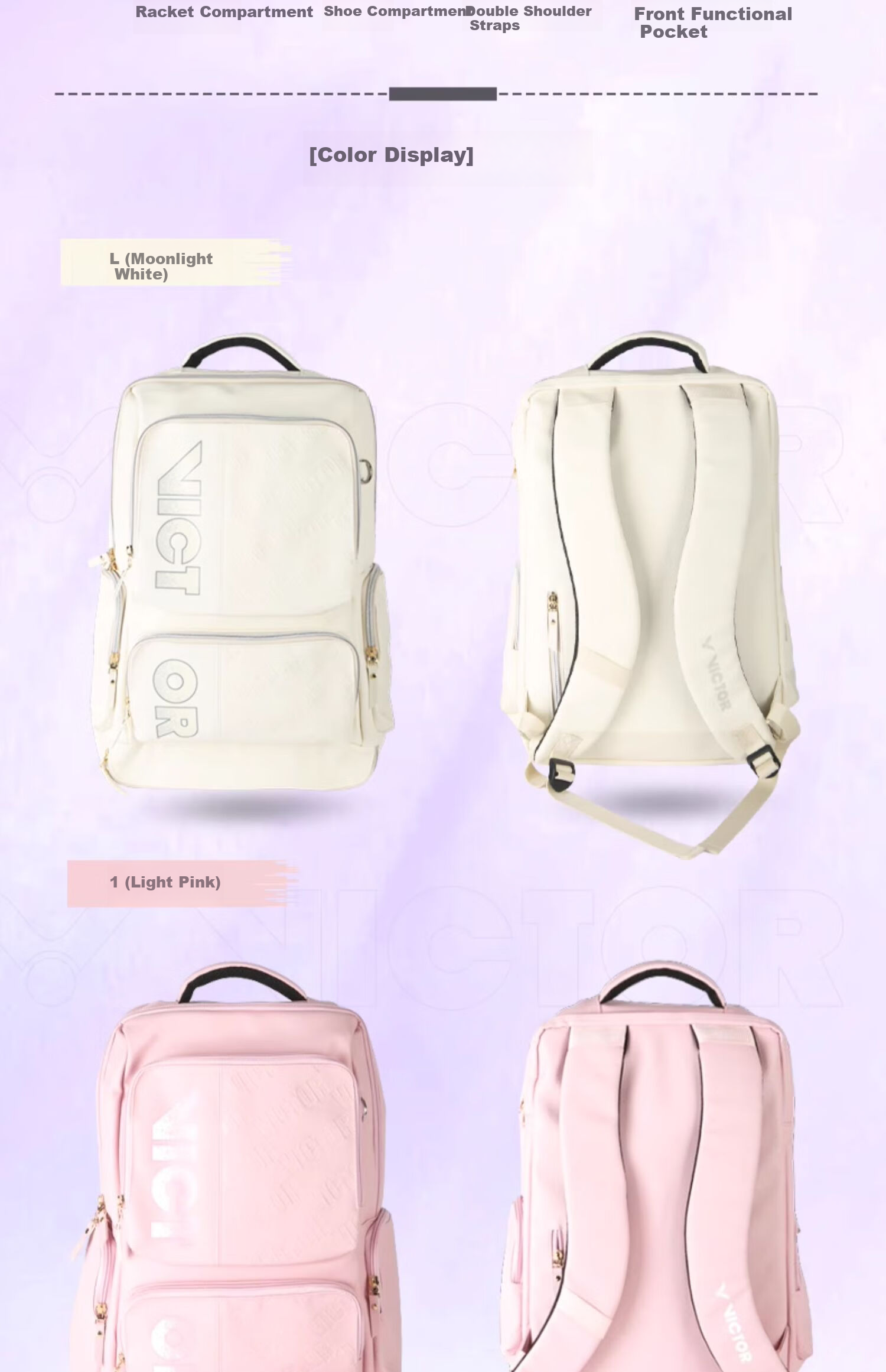 VICTOR Badminton Bag with Separate Shoe Compartment, Multifunctional Large Capacity Sports Training Backpack BR5026 White 2