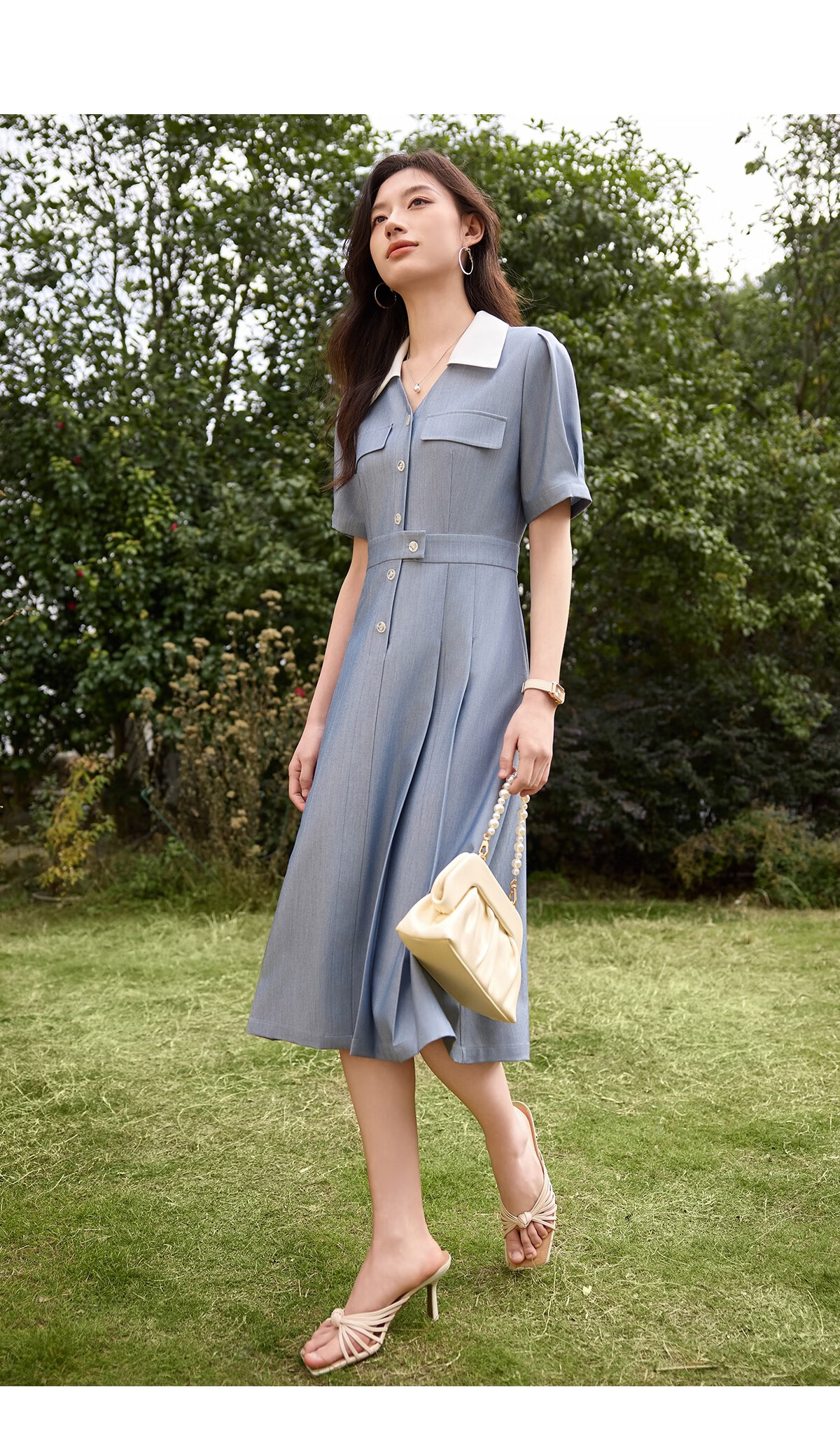 Chushen Summer Short-Sleeve Dress for Women, Retro Color-Block Lapel, Waist-Cinching Slimming, Commuter Casual Dress S52Q036 19