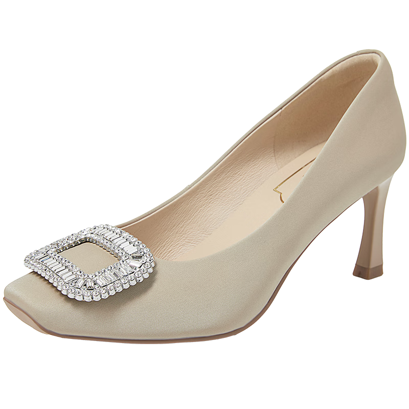 COMELY Square Buckle High Heels for Women, Spring Commute Square Toe Fashionable French Rhinestone Pumps Stiletto Shoes, Pink Apricot Color, Size 36