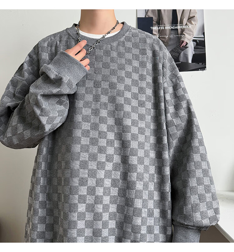 Dingfengbaoluo Japanese-Style Plaid Crew Neck Sweatshirt for Men, Spring Loose-Fitting High-End Casual Base Layer Top DFL77 Black XL 20