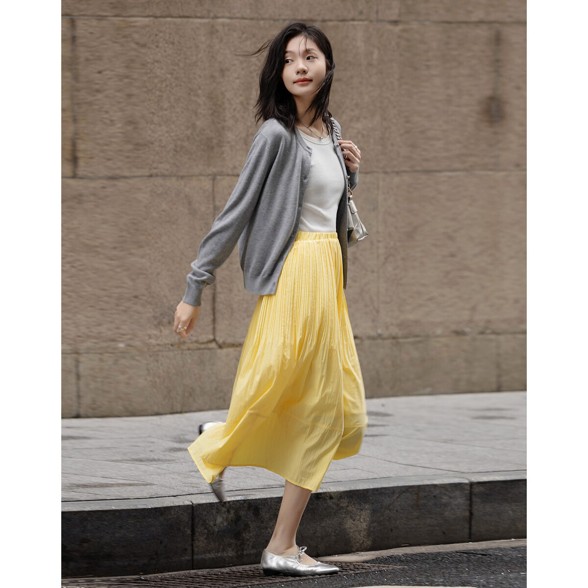 Dme [Lingdong Muxi] Spring French Cloud-Feel Cotton Elastic Waist Pleated A-Line Breathable Midi Skirt for Wome