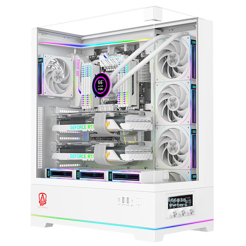 AOC AICG860W White EATX Gaming Computer Case with Three-Sided Glass View, Quick-Release Design, 9-Slot Dual Graphics Card Support, 480mm Water Cooling Compatible, Functional Display Scree