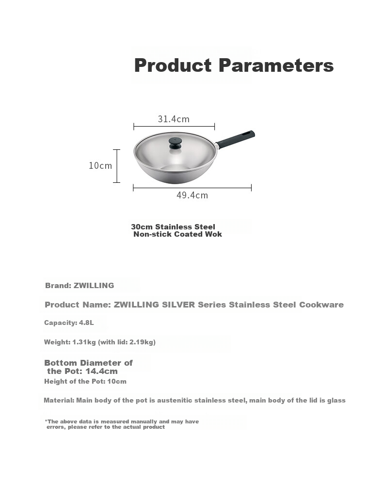 ZWILLING Stainless Steel Wok, Anti-Yellowing, Non-Coated, Compatible with Induction Cookers, SILVER Series, Household Stir-Fry Pan, 30cm 11