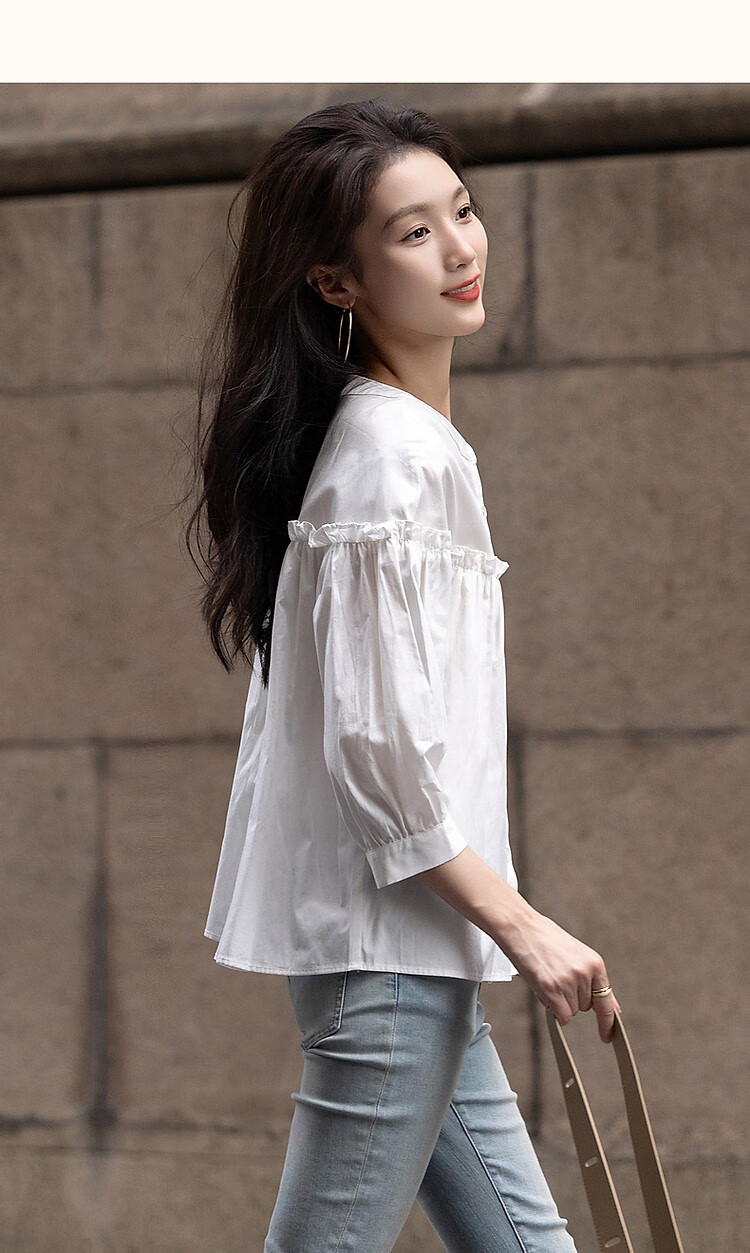 Dme [Gentle Trailer] Spring And Summer French Pure Cotton Pleated Wrinkled Shirt with Ruffle Collar And Puff Sleeves Women's Blouse Top 10