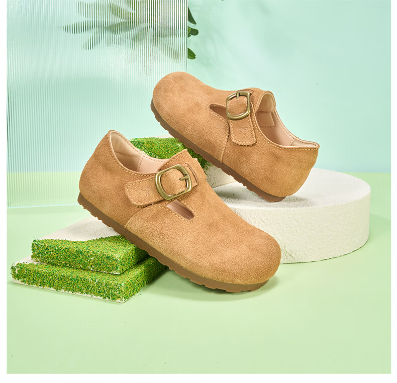 RED DRAGONFLY Children's Autumn Shoes, Boys And Girls Flats, Soft-Soled Birkenstock-Style Shoes, Small Leather Shoes, Q51BPPF406, Khaki Color, Size 32 7